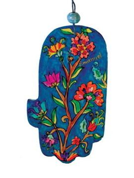 תמונה של חמסה גדולה - ציור יד על עץ - פרחים - HAL-14 | יאיר עמנואל
